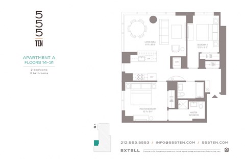 Floor plan for 2 beds, 2 baths, 1041 sqft